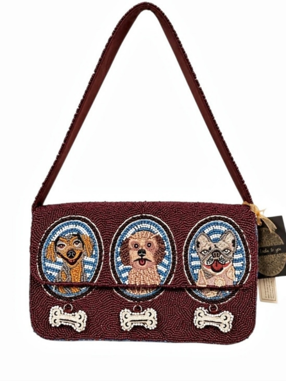 Made In India Beaded Dog In Potraits Shoulder Bag in Burgundy & White